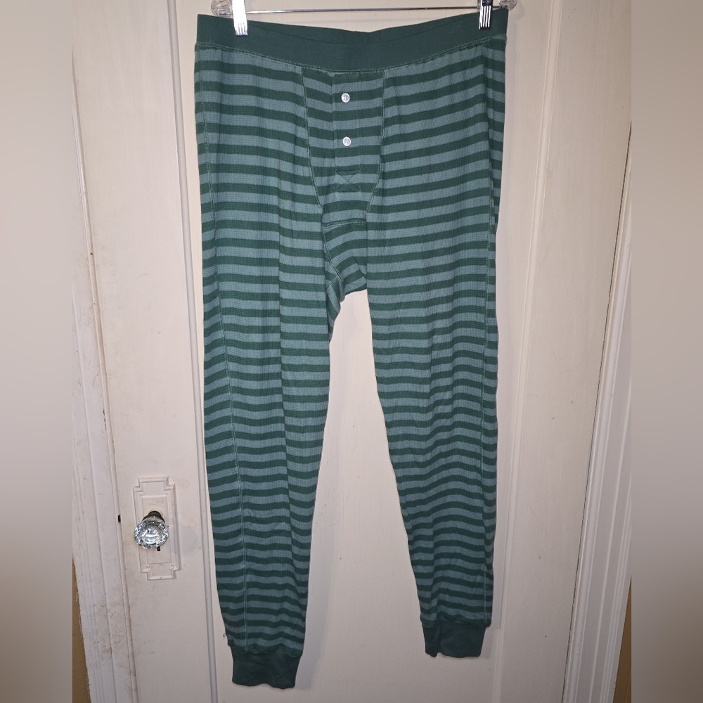 Lake Mens Green Striped  Long John Underwear Pajama Pants 100% Cotton Large